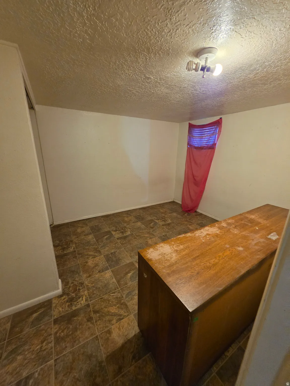 Textured ceiling, surface-mounted lighting fixture, light-toned walls, and multi-toned tile flooring
