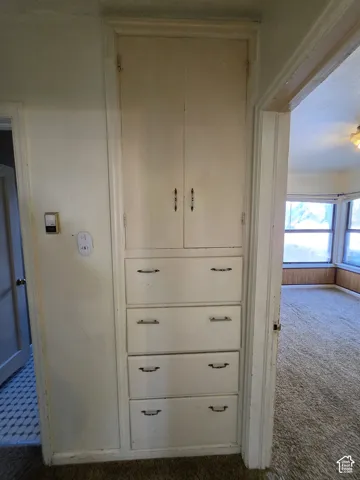 Built-in cabinetry featuring upper storage and multiple drawers
