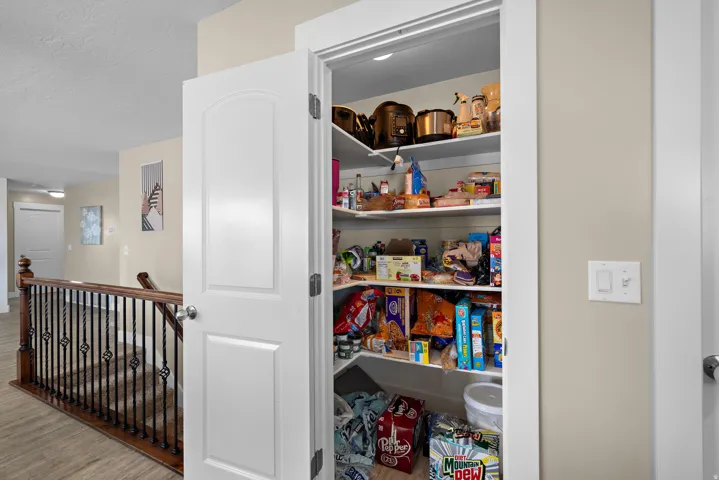 Spacious pantry featuring tiered shelving