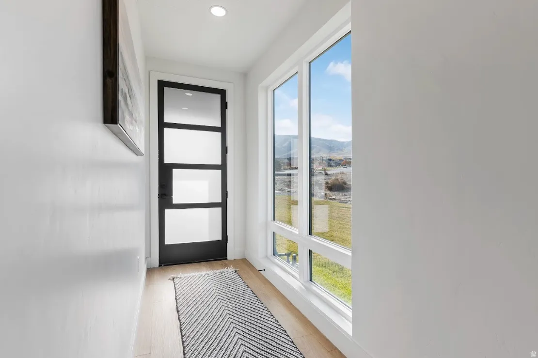 Entryway featuring a contemporary black door with frosted glass panels, wood-finish flooring, recessed lighting, and a large multi-pane window