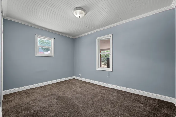 Room featuring two windows, neutral gray walls, dark patterned carpet, white trim throughout, and a white beadboard ceiling with a flush-mount light fixture