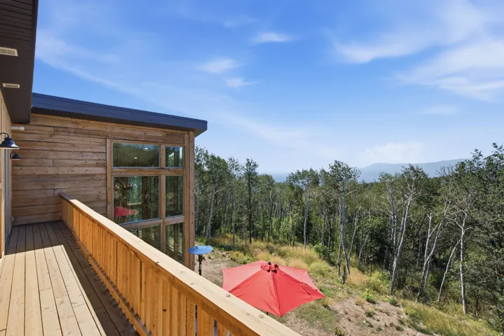 Expansive outdoor deck featuring wood-finish flooring and railing