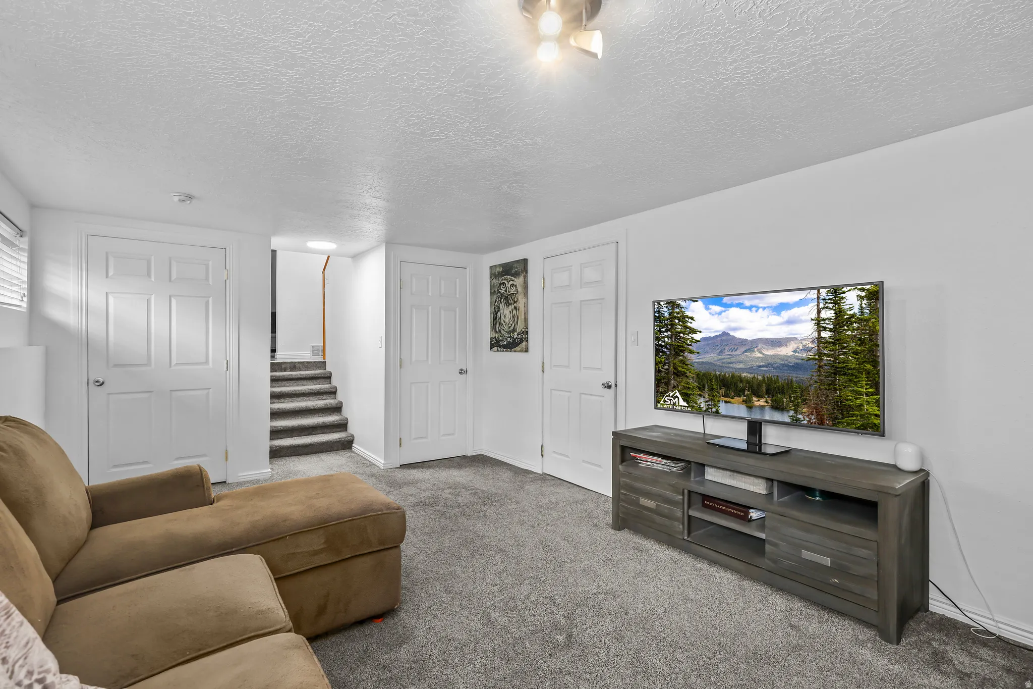 Carpeted room featuring white walls, white trim, and a semi-flush mount ceiling light fixture