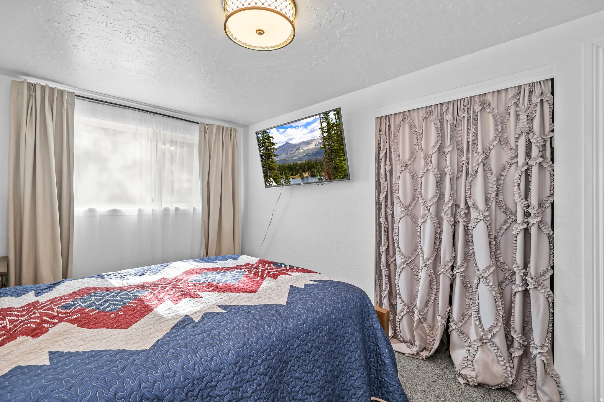 Room featuring a window with sheer and blackout curtains, a mounted light fixture, and textured wall-to-wall carpeting