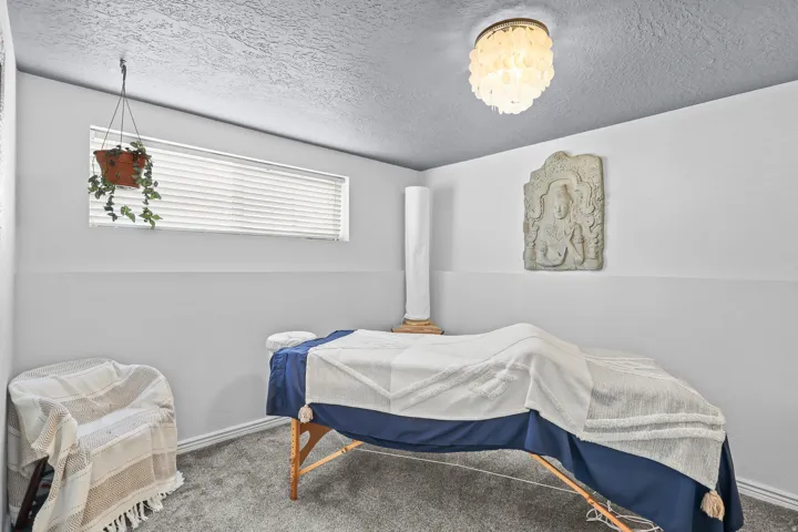 Room featuring textured gray carpeting, neutral wall paint, and a ceiling-mounted light fixture