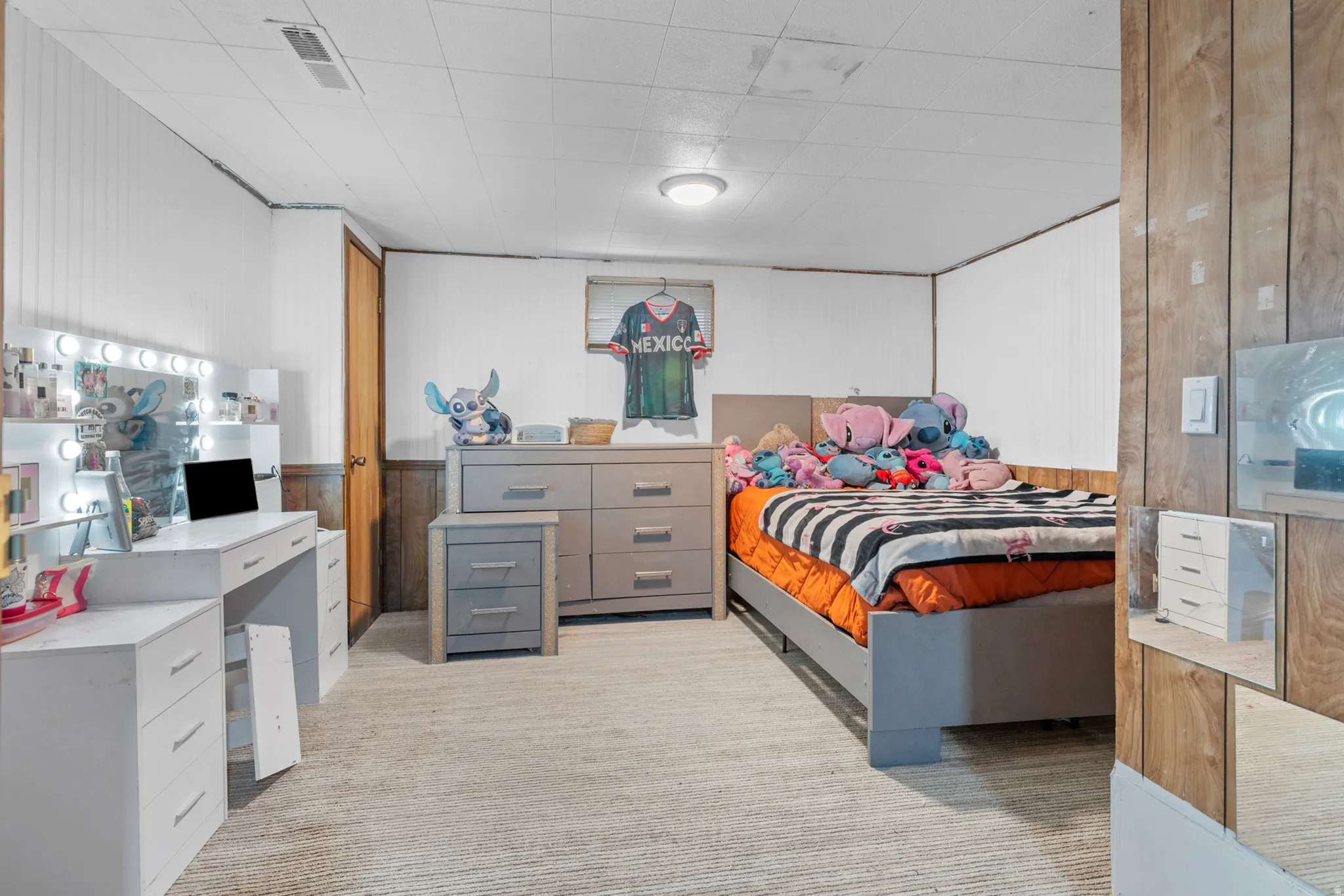 Carpeted room featuring a ceiling-mounted light fixture, light-toned paneled walls, and a wood-finish door