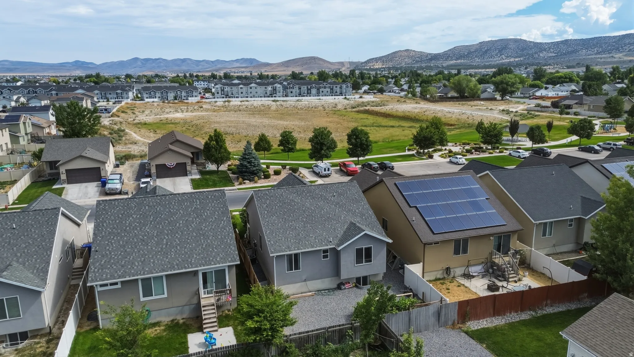 Aerial perspective showcasing a residential community with varied architectural styles