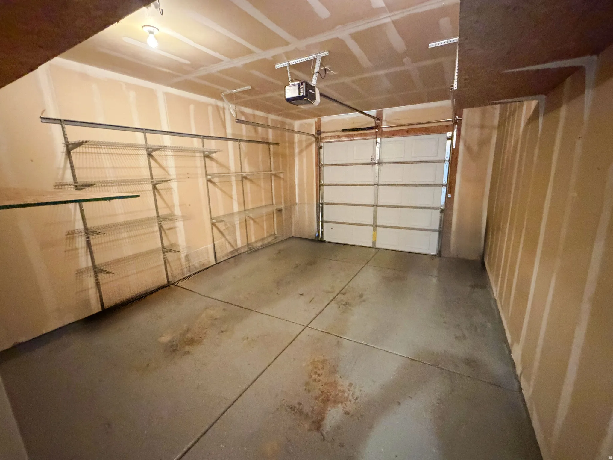 Attached garage with a white sectional door, concrete flooring, and an overhead lighting fixture