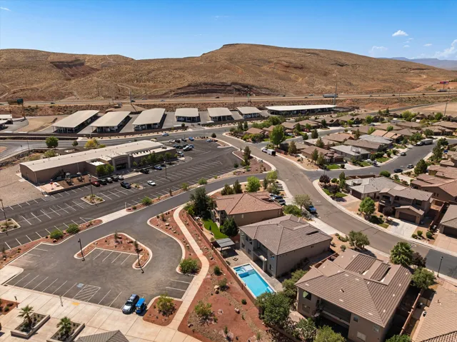 Aerial perspective showcasing a residential community with varied architectural styles