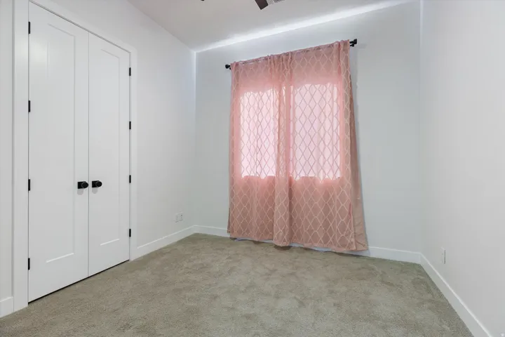 Interior room featuring light gray carpeting, white walls, and bright white baseboards