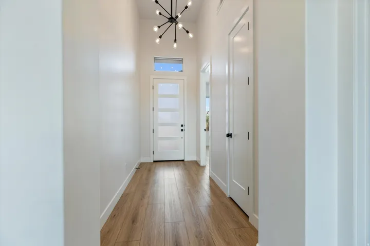 Entryway featuring a modern matte black sputnik chandelier, full-light entry door with frosted panels, transom window, and wood-finish flooring