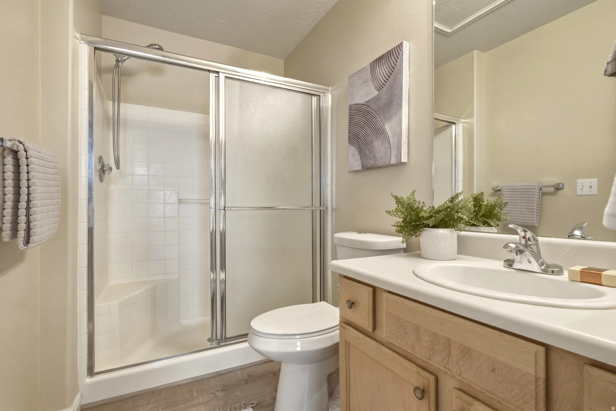 Full bathroom featuring a shower with a built-in seat and sliding glass doors, a single-sink vanity with a light wood-finish cabinet, and a large wall-mounted mirror
