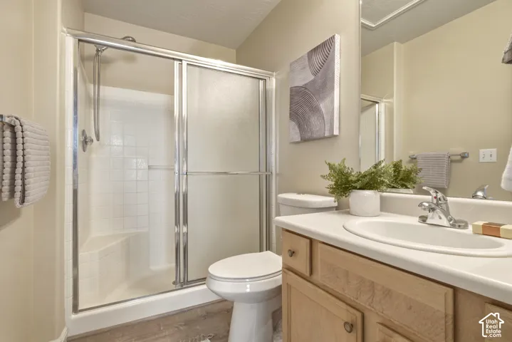 Full bathroom featuring a shower with a built-in seat and sliding glass doors, a single-sink vanity with a light wood-finish cabinet, and a large wall-mounted mirror