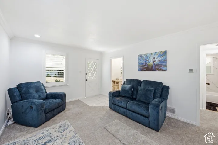 Living area featuring light gray carpet, white walls, and crown molding