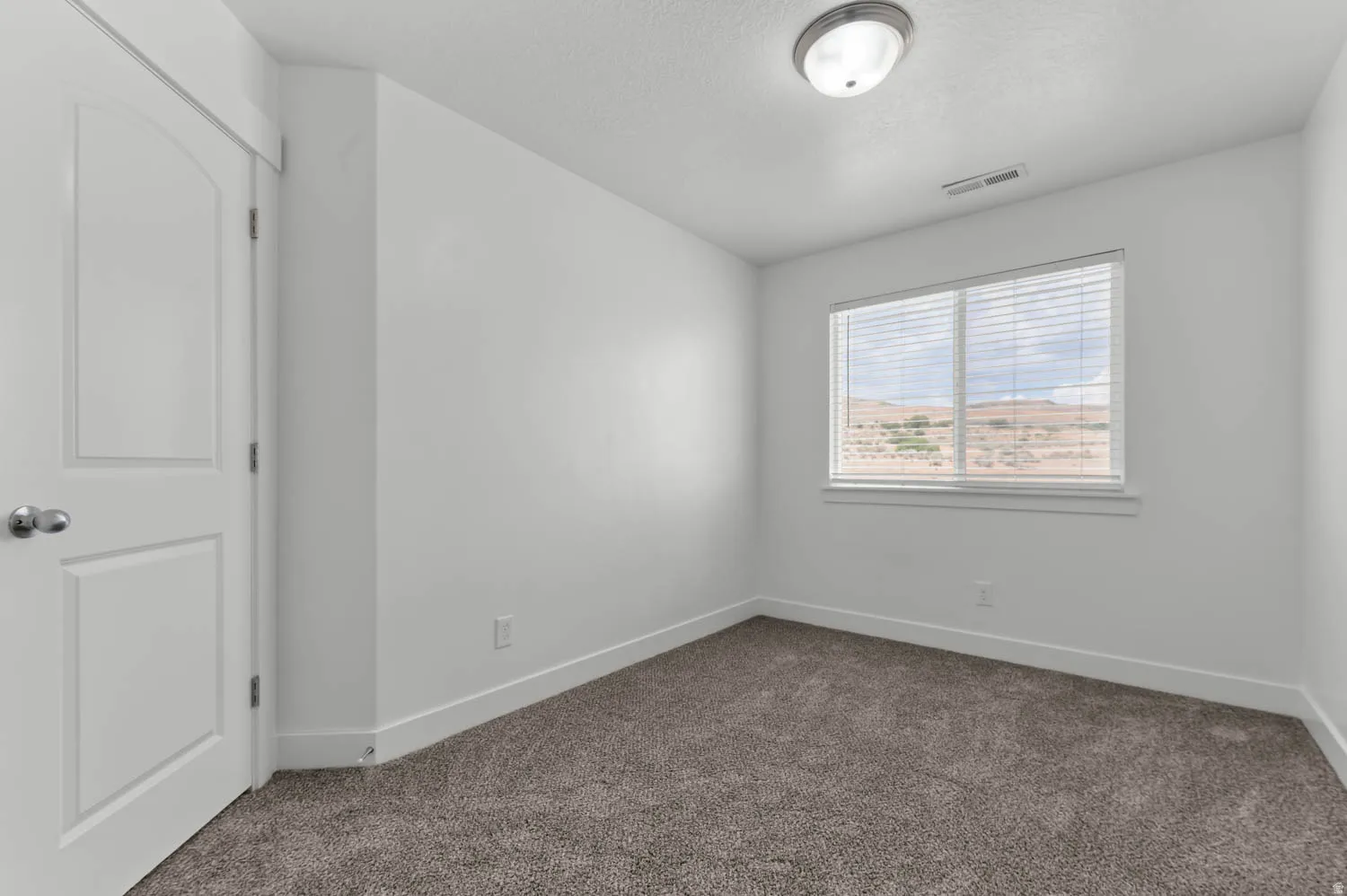 Bedroom featuring a window with blinds, desert landscape, flush-mount ceiling light, and wall-to-wall carpeting