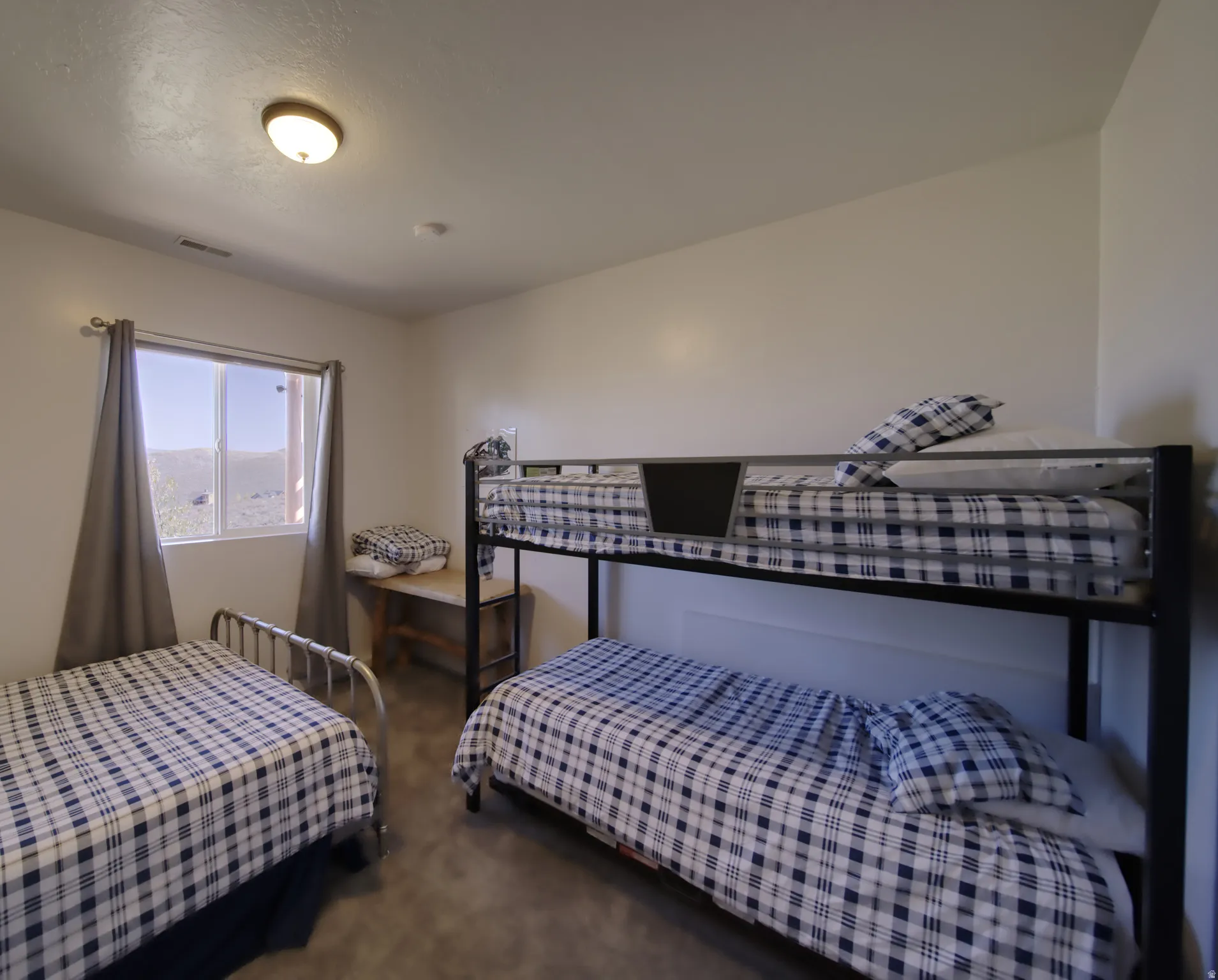 Room featuring a window with natural light, a ceiling-mounted light fixture, a built-in desk, and carpeting