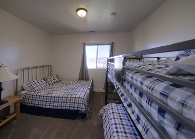 Carpeted bedroom featuring white walls and a ceiling-mounted light fixture