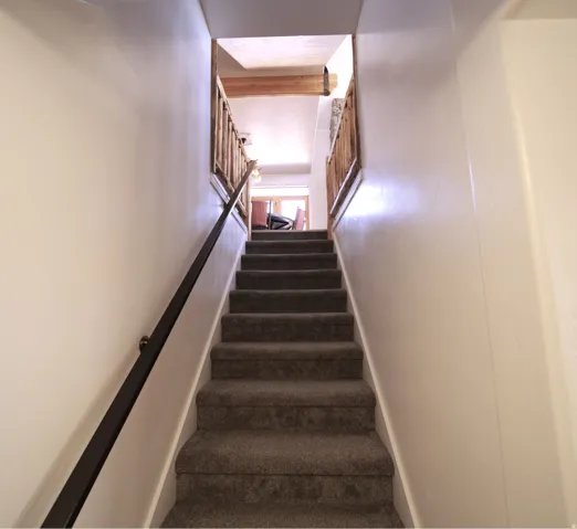Carpeted staircase with white risers and a black metal handrail