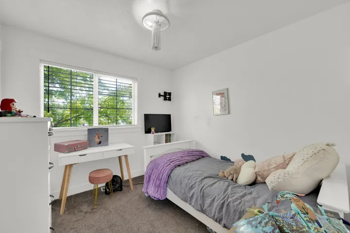 Bright room featuring a large window with blinds, light-toned walls, and dark carpet