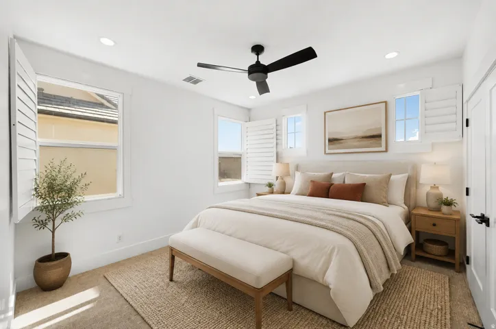 Serene primary bedroom showcasing a neutral color palette with layered bedding, wood-finish nightstands, and framed artwork