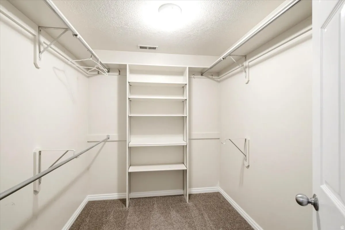 Walk-in closet featuring built-in shelving, multiple hanging rods, and carpet flooring