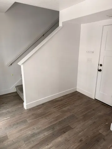 Entryway featuring wood-finish flooring, white baseboards, and a paneled entry door