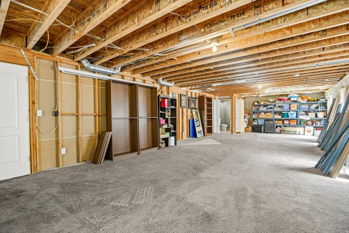 Spacious lower level featuring light gray carpet flooring and exposed wood ceiling joists