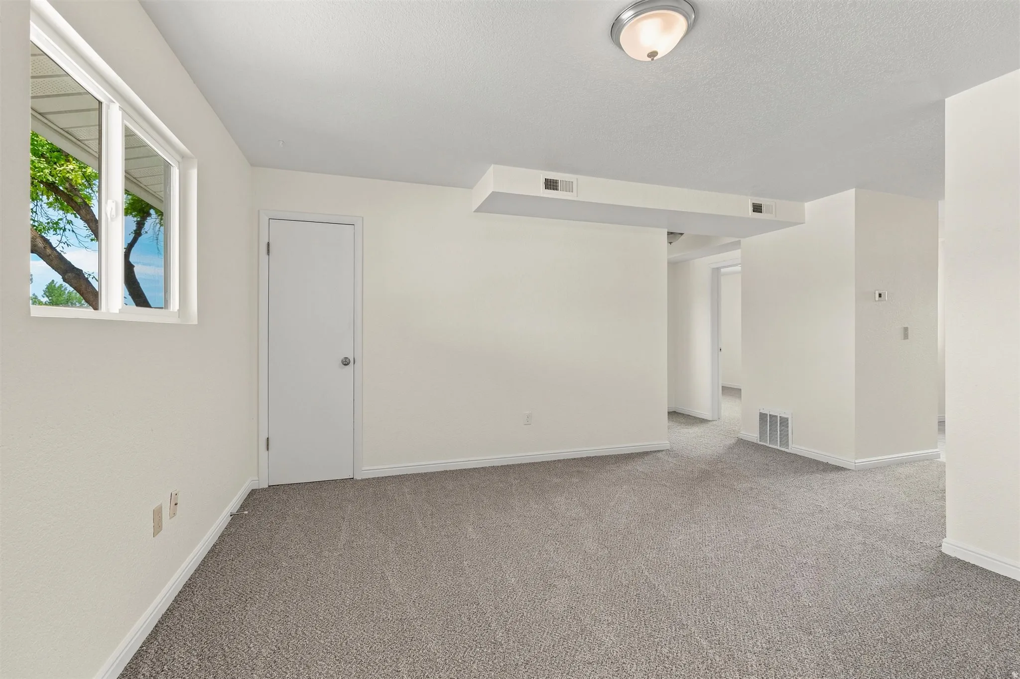 Spacious room featuring neutral carpeting and light-toned walls
