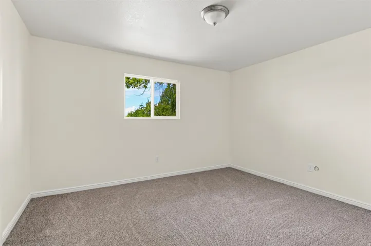 Neutral wall finishes paired with plush gray carpeting