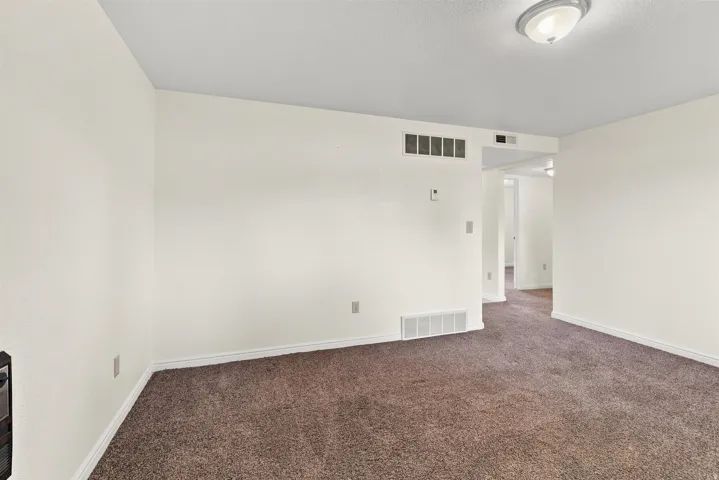 Spacious room with plush brown carpet, white walls, and white trim