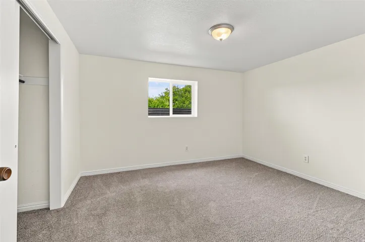 Neutral tone wall paint with a window, plush carpet, and a built-in closet with bi-fold doors