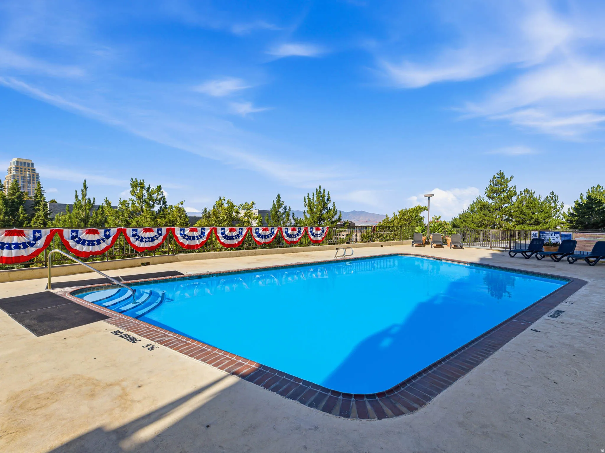 Outdoor pool with concrete decking, brick coping, and integrated steps