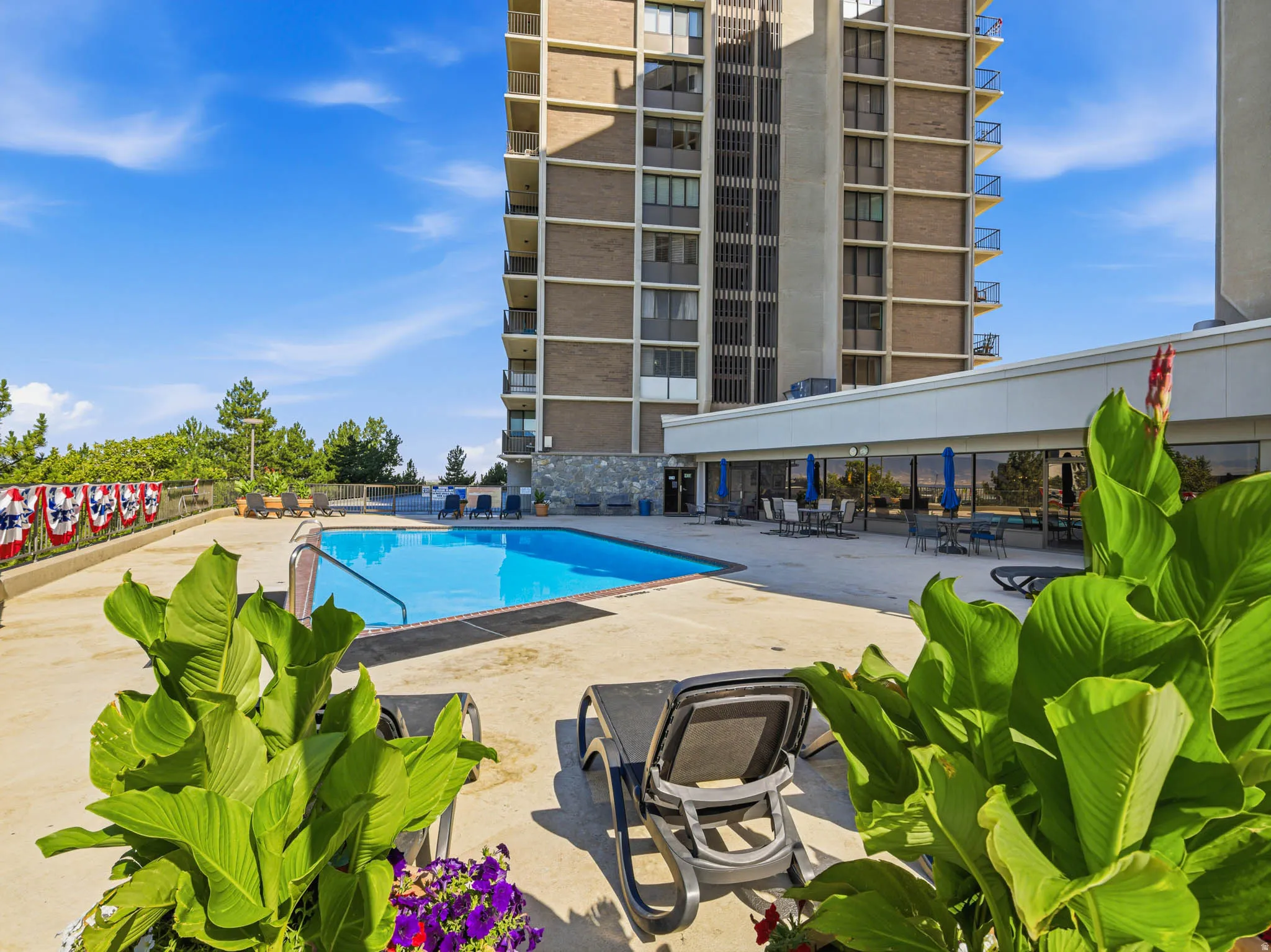 Outdoor swimming pool with concrete decking, surrounded by mature plantings and lounge seating