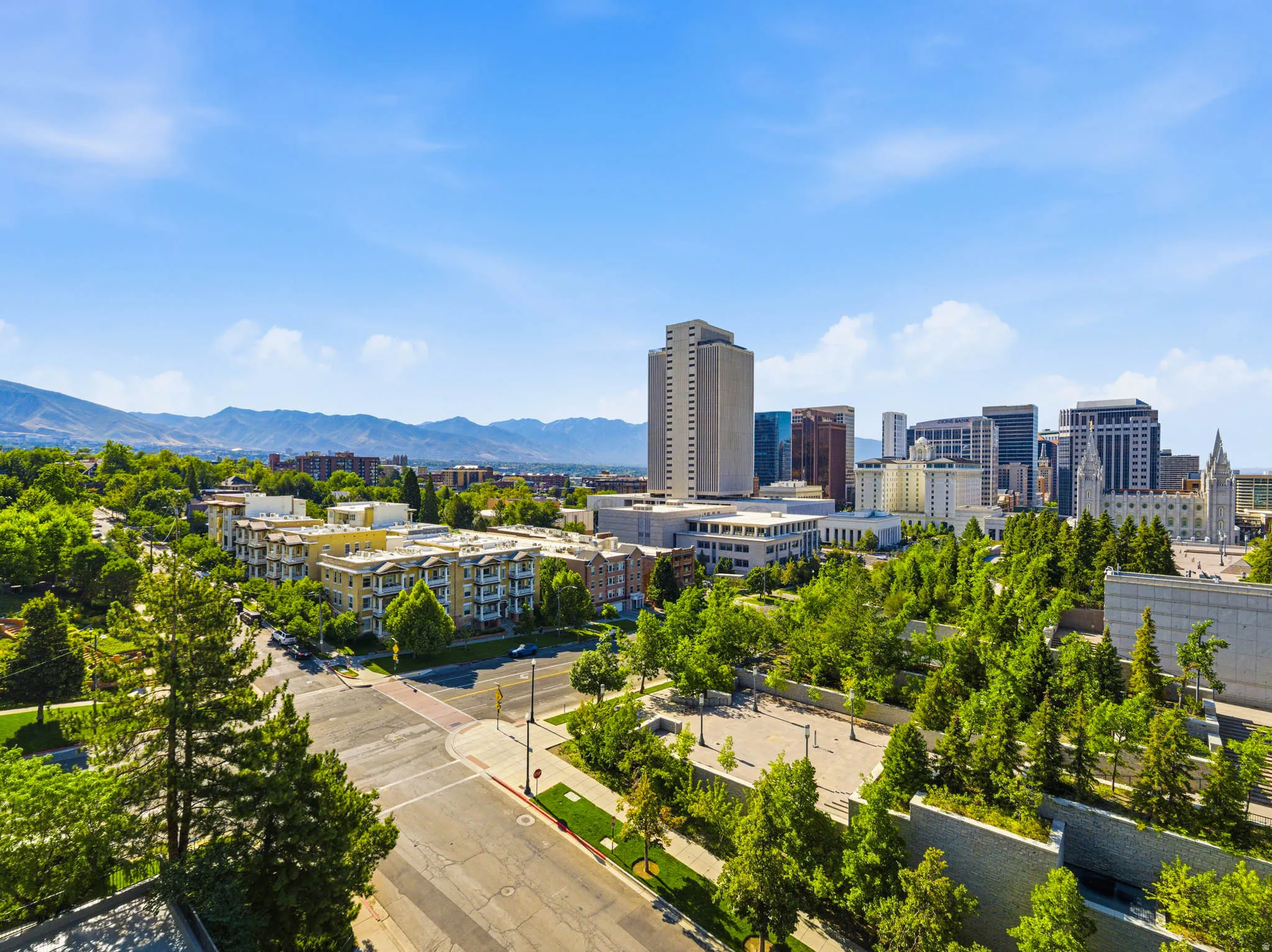 Expansive urban panorama featuring a dynamic cityscape, distant mountain range, dense green tree canopy, varied architectural styles, and open sky