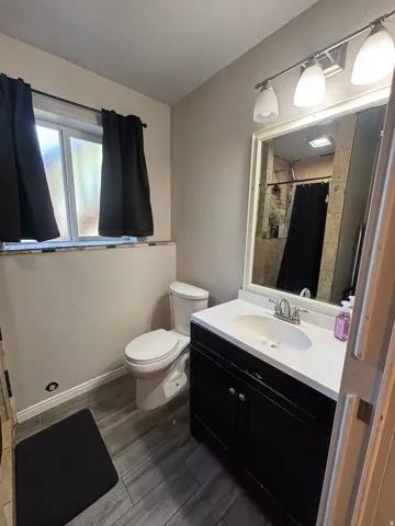 Bathroom featuring a dark wood-finish vanity with an integrated sink, a large wall mirror, and a three-light fixture