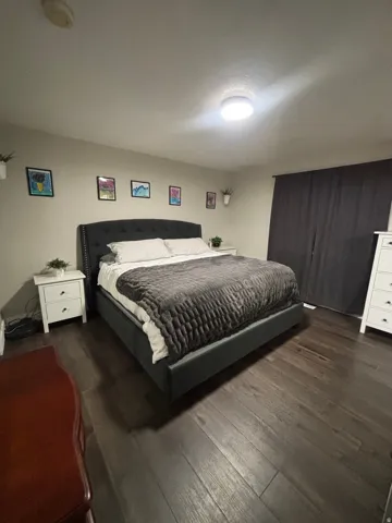 Spacious room featuring dark wood-finish flooring, light neutral-toned walls, and a ceiling-mounted light fixture