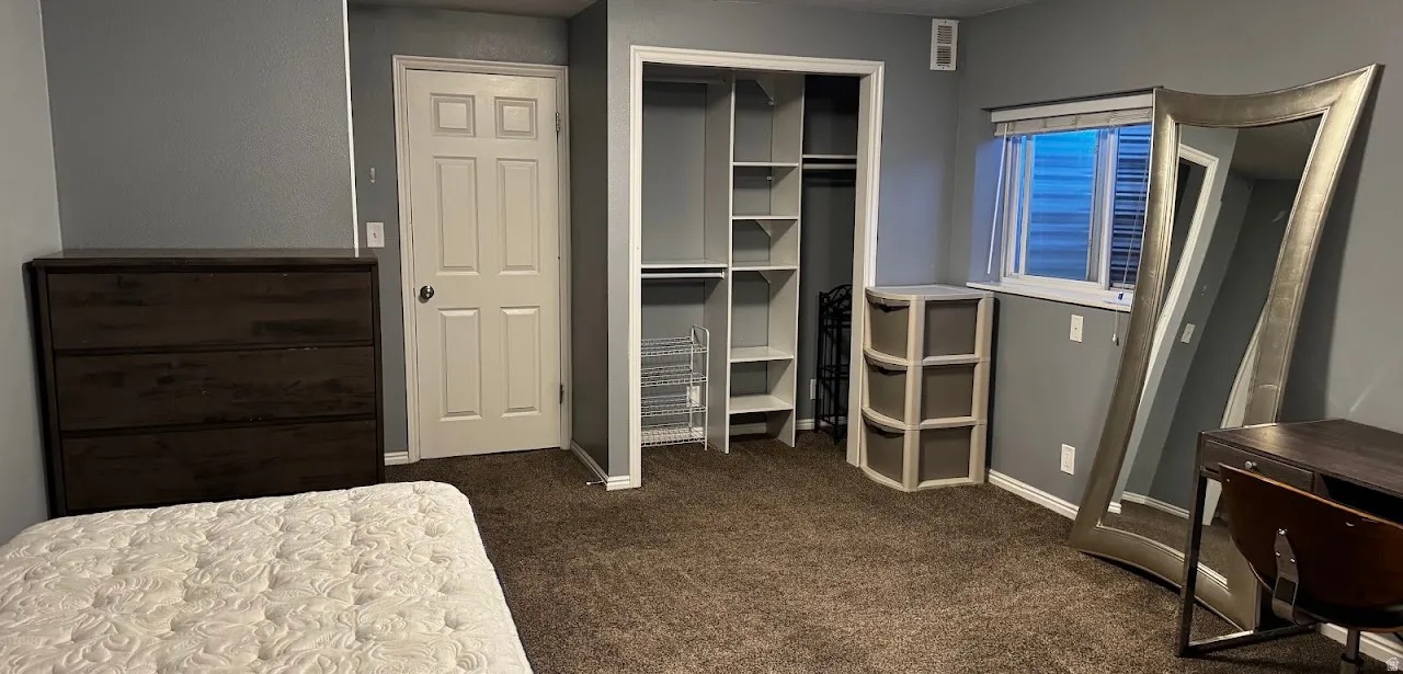 Bedroom featuring a walk-in closet with built-in shelving, gray walls, brown carpet, and white trim
