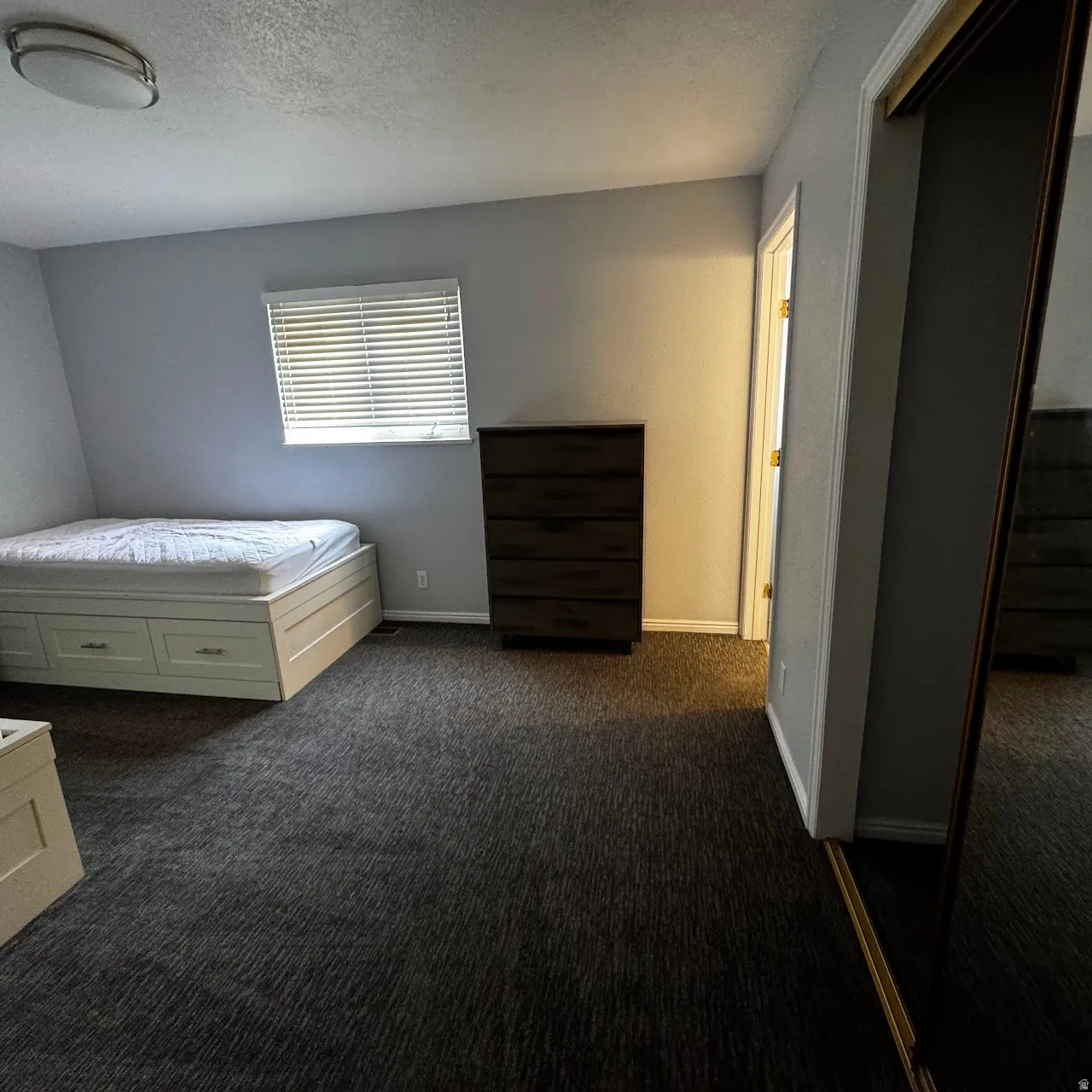 Carpeted room featuring a window with blinds, light gray wall paint, and a semi-flush mount ceiling light fixture
