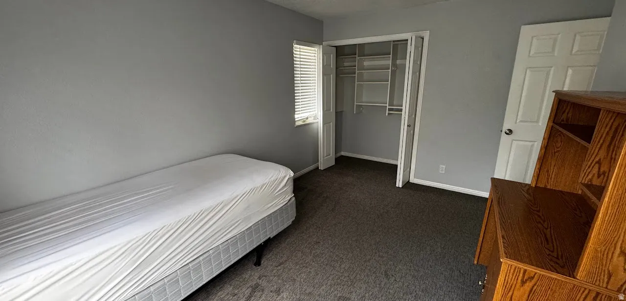 Carpeted interior space featuring a window with horizontal blinds, a closet with bifold doors and built-in shelving, and light gray walls