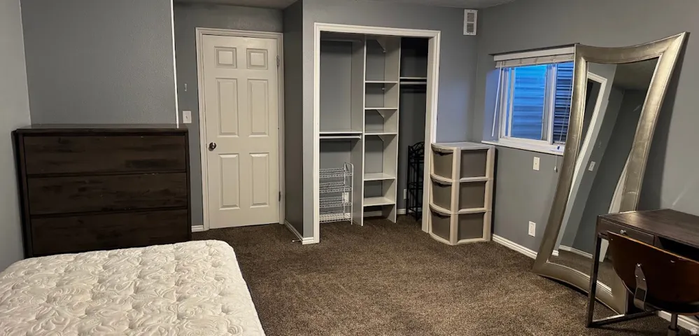 Bedroom featuring a walk-in closet with built-in shelving, gray walls, brown carpet, and white trim