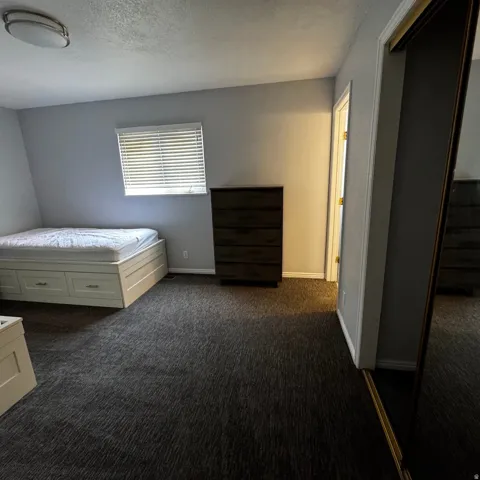 Carpeted room featuring a window with blinds, light gray wall paint, and a semi-flush mount ceiling light fixture