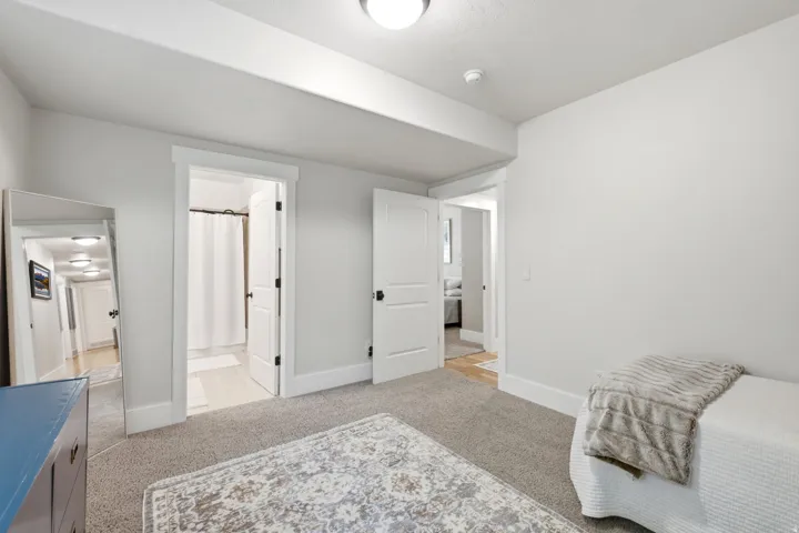 Carpeted room with light neutral walls and white trim