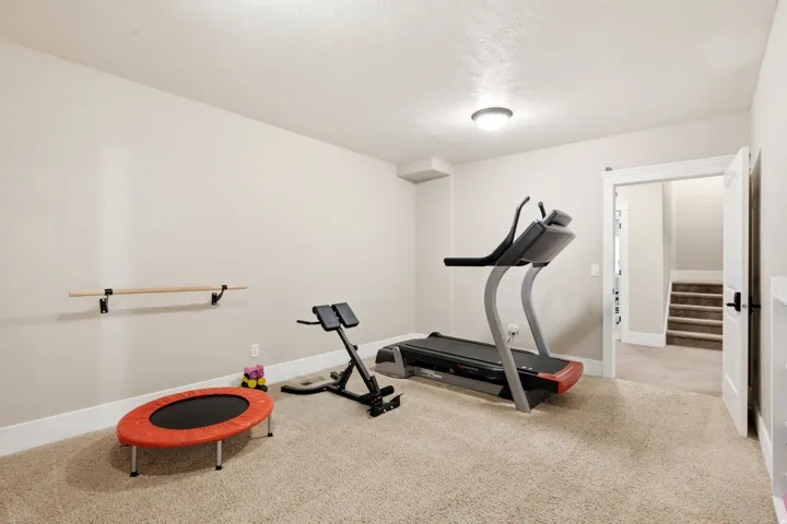 Spacious room featuring neutral carpeting, light-toned walls, and a built-in ballet barre