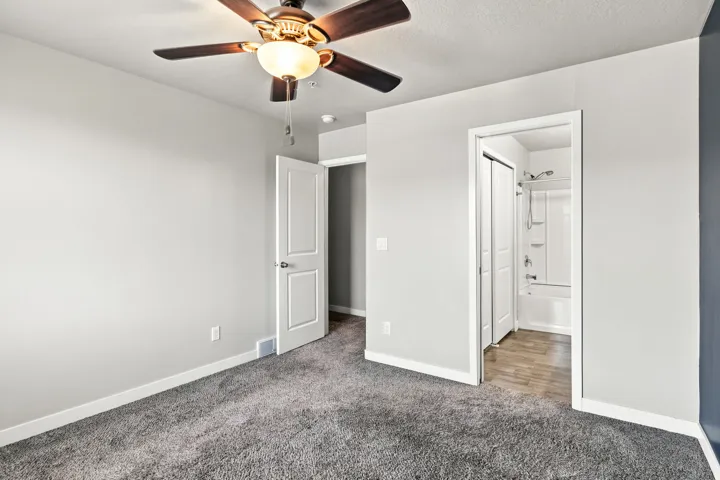 Grey carpeted Master bedroom with light grey walls