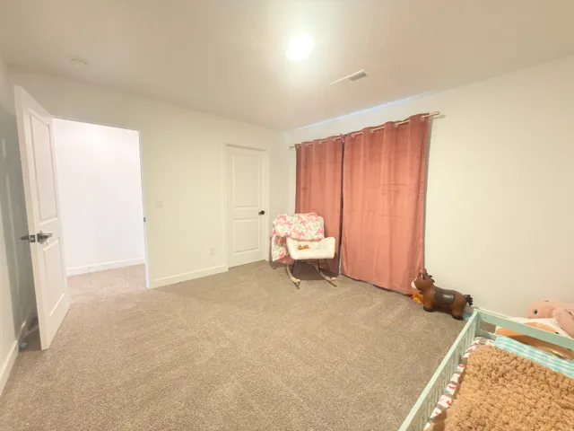 Carpeted room with a white door frame and a second white door, featuring white walls and a ceiling light