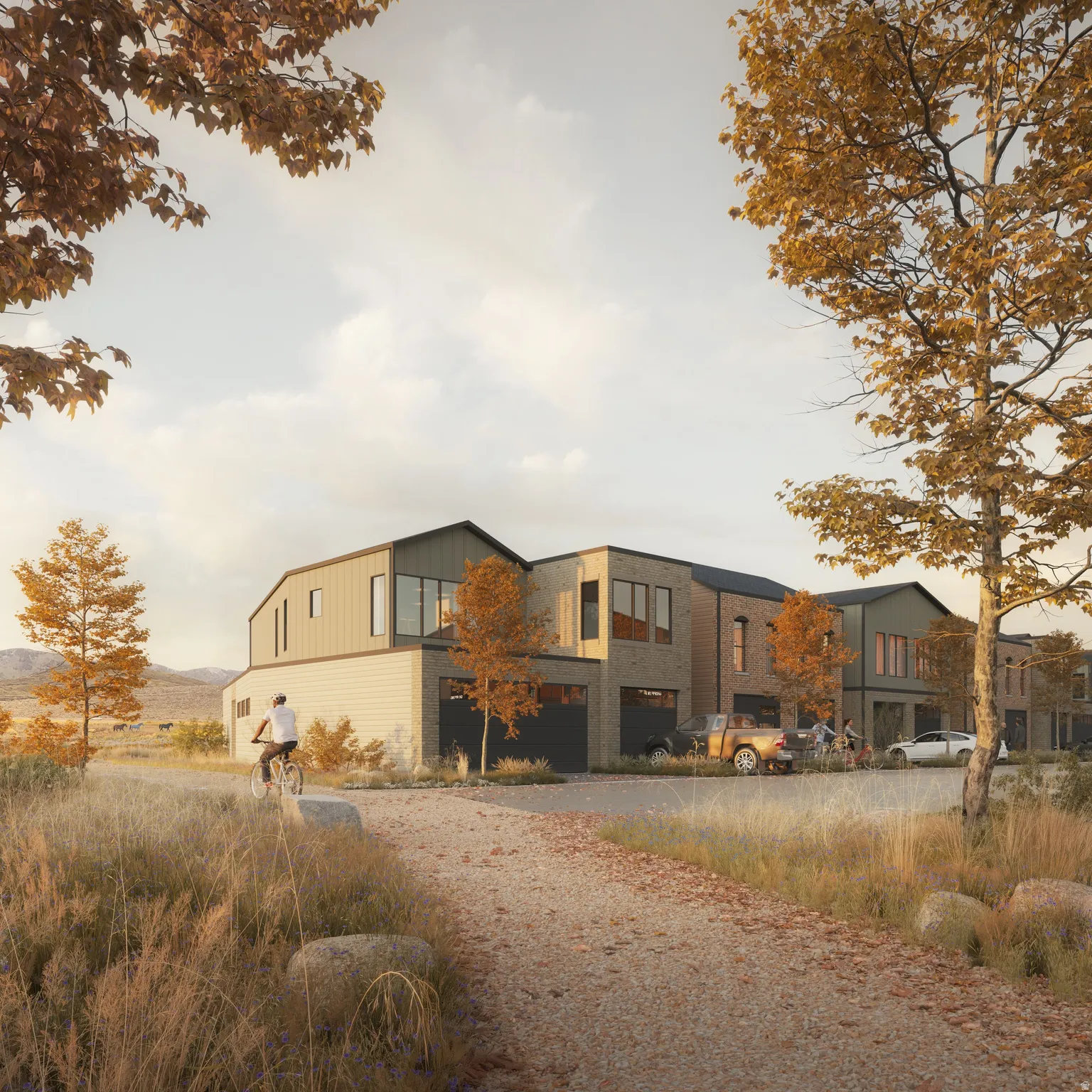 Modern architectural facade featuring mixed materials, dark-framed windows, and integrated garages