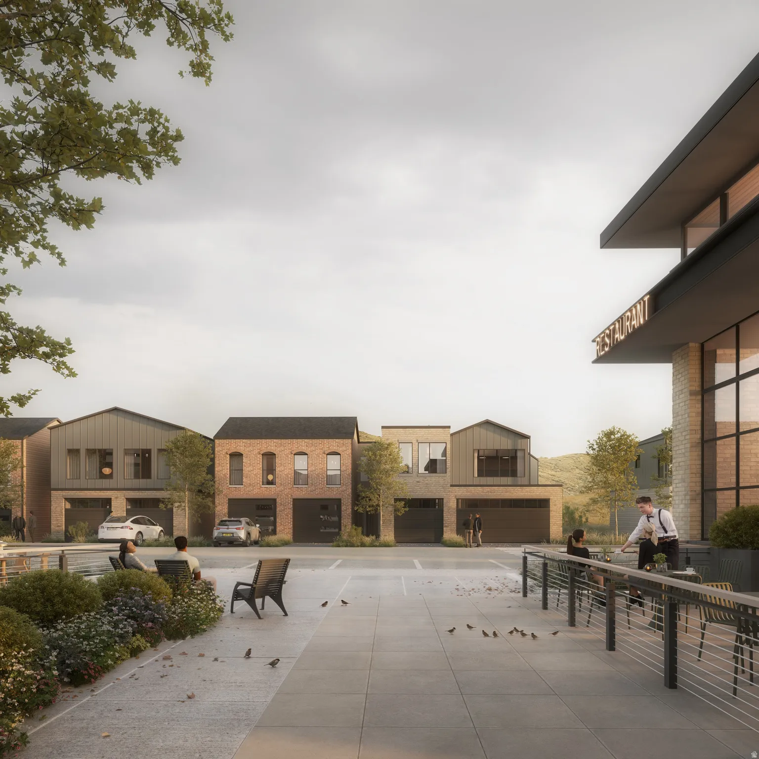 Modern townhomes featuring varied brick and vertical siding facades, integrated garages, and abundant windows