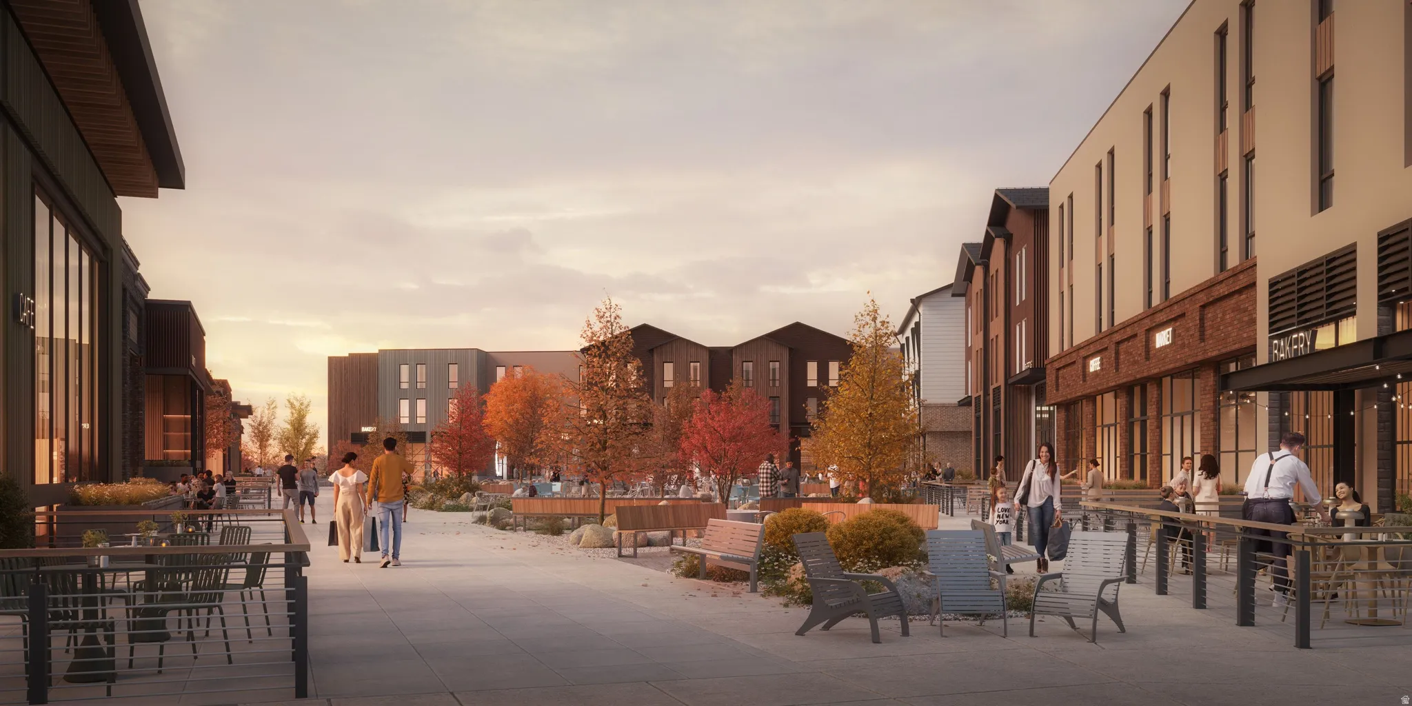 Pedestrian-friendly commercial district featuring multi-story buildings with varied architectural facades, outdoor dining areas, and integrated green spaces with mature trees