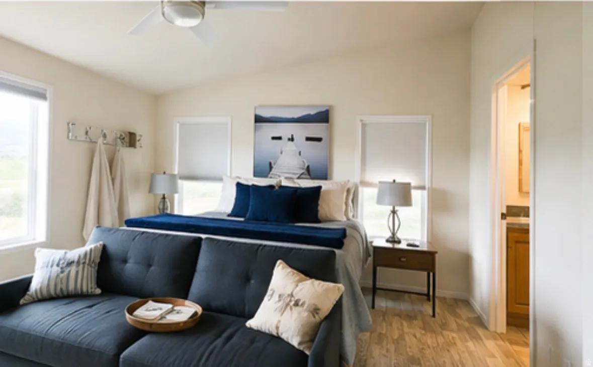 Vaulted ceiling room featuring wood-finish flooring, multiple windows, and a ceiling fan