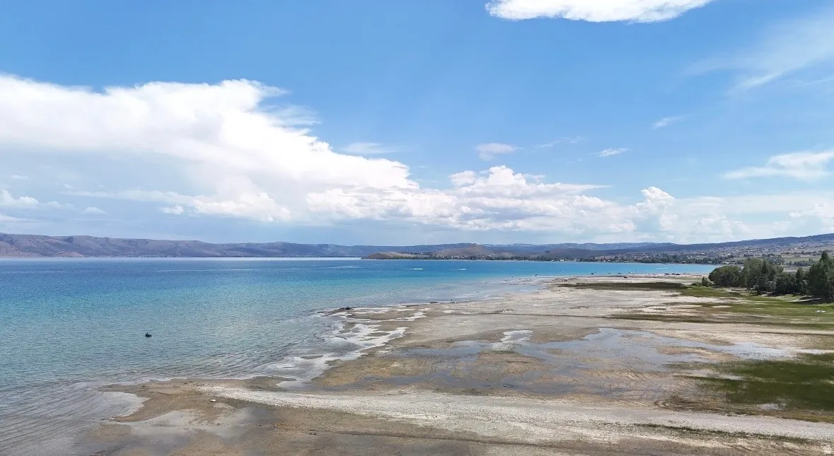 Expansive waterfront property featuring a wide shoreline, calm blue water, distant hills, and established trees along the perimeter